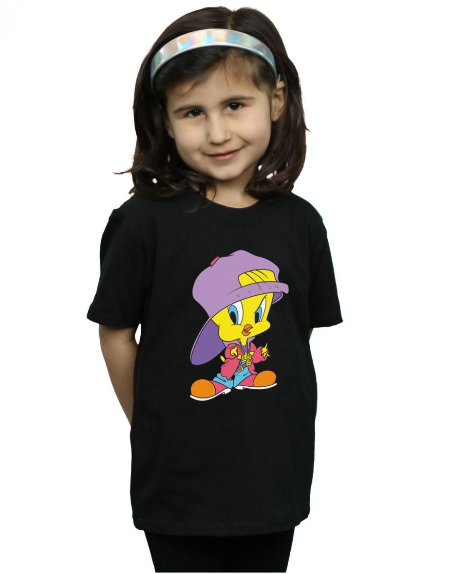 Looney Tunes Girls Tweety Pie Hip Hop Cotton T-Shirt - Black