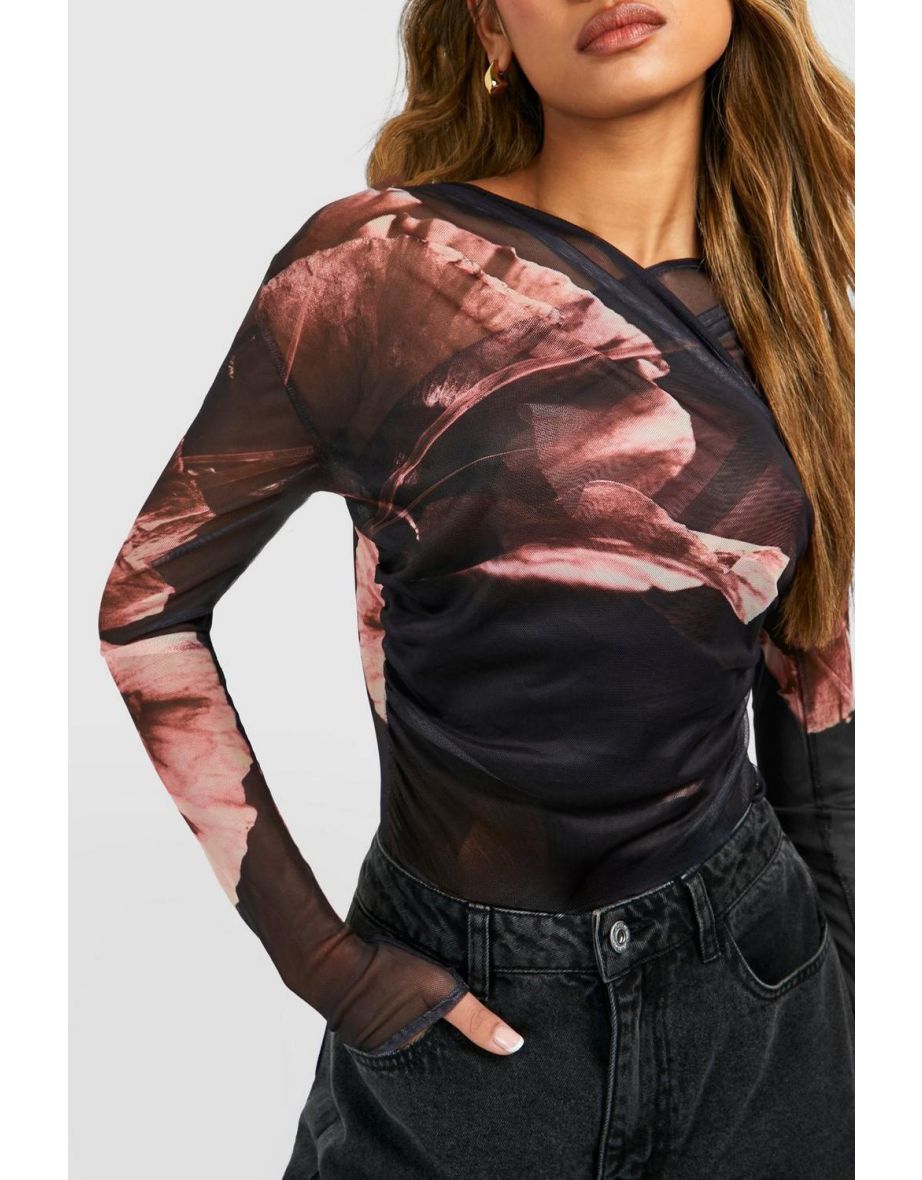 Floral Ruched Mesh Long Sleeve Bodysuit - black - 3