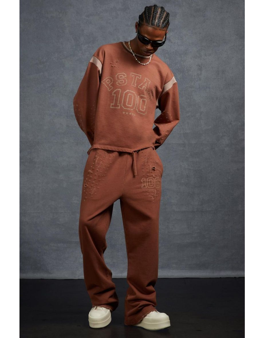 Gunna Slim Fit Flare Joggers with Distressing - brown