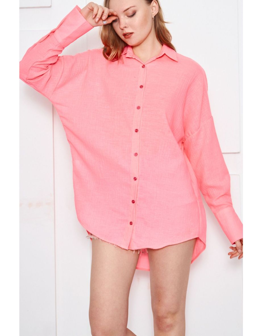 Women's Neon Pink Oversize Textured Linen Look Wide Cuff Shirt