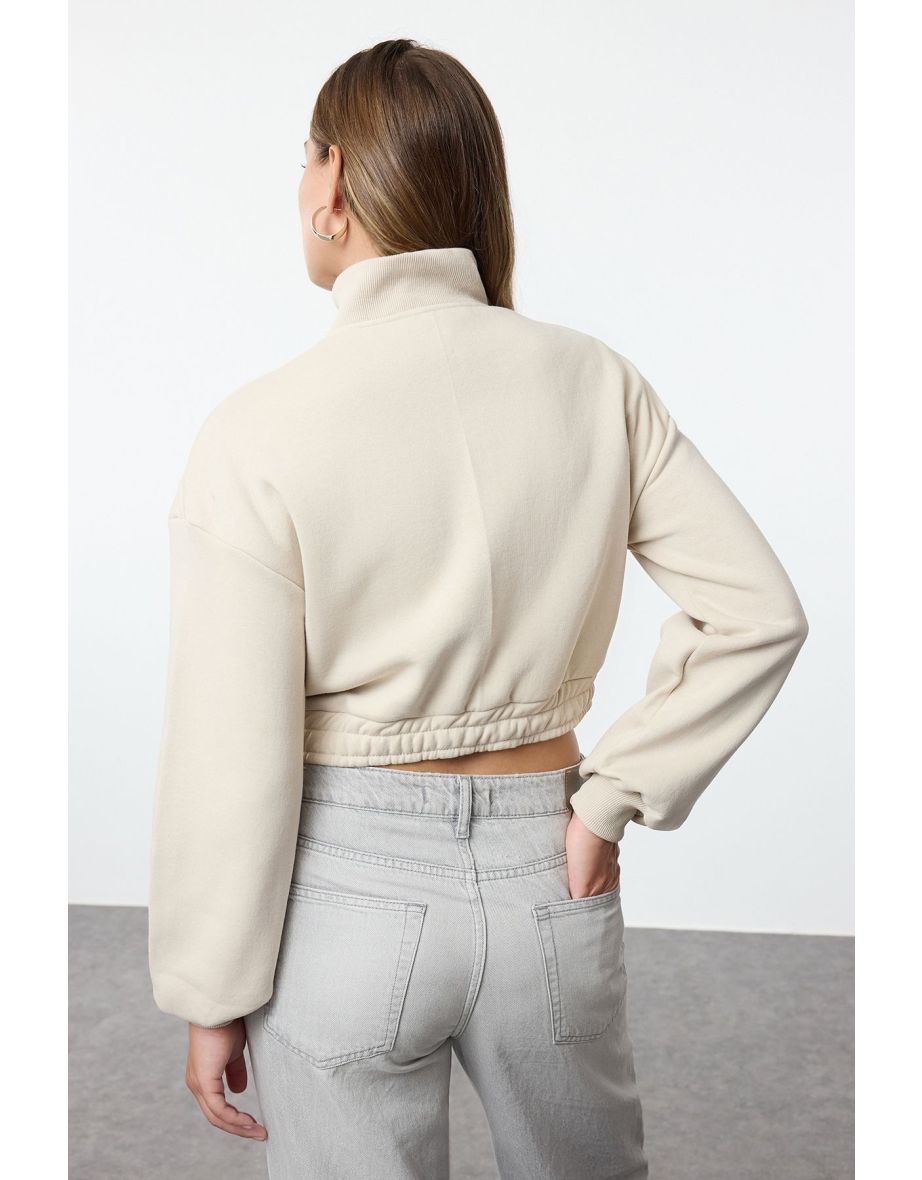 Ecru Stitching Detailed Zippered Stand-Up Collar Elastic Waist Crop Knitted Sweatshirt - 4