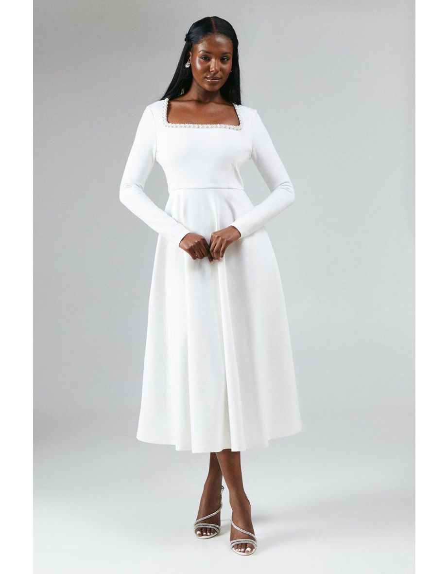 Crystal Trim Ponte Long Sleeve Midi Wedding Dress - White