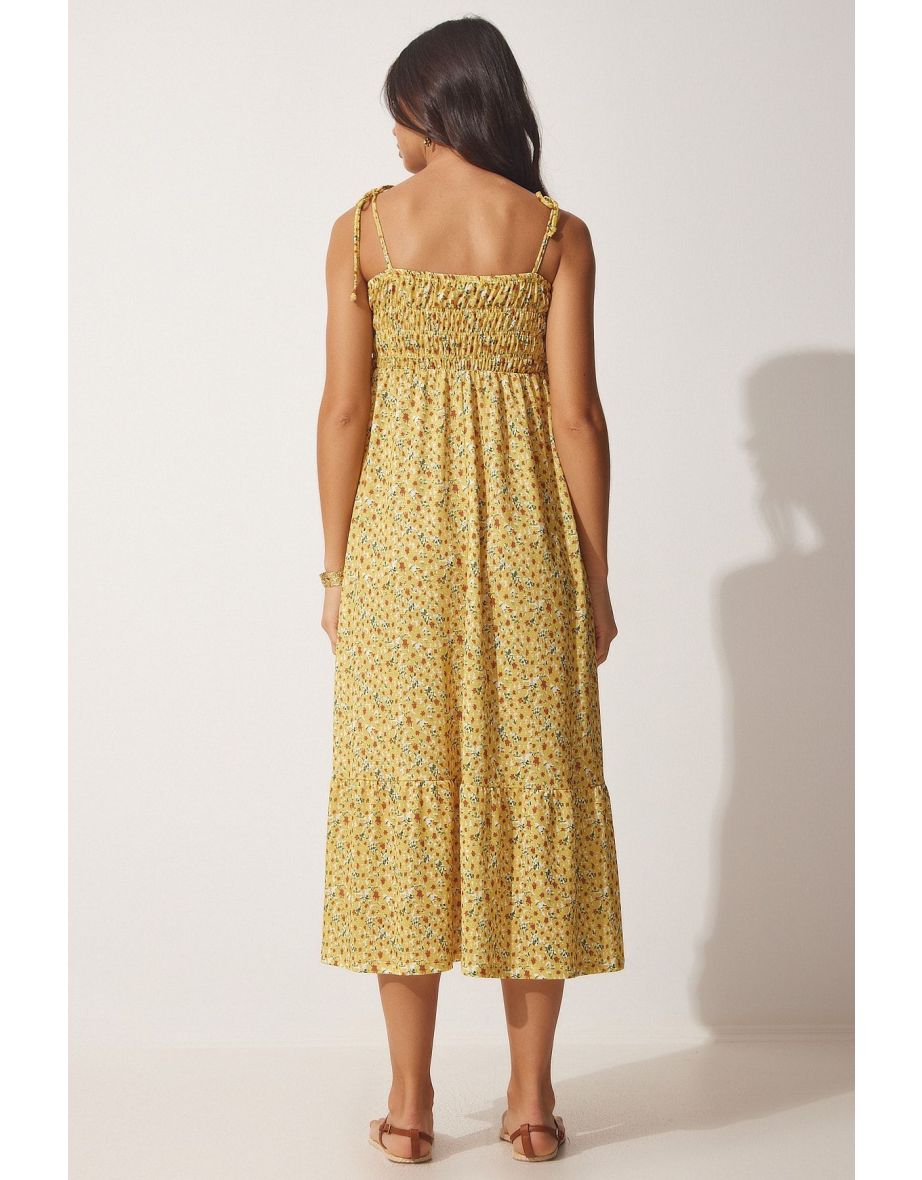 Women's Yellow Floral Halter Knitted Summer Dress - 3
