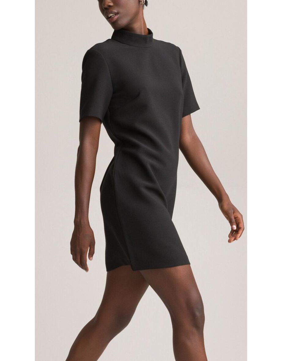 Recycled Mini Shift Dress with Cutout Back and High Neck