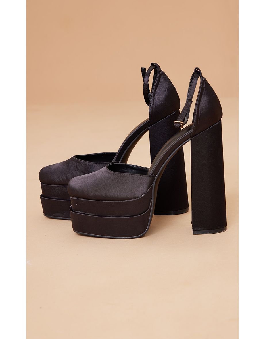 Black Satin Square Toe Double Platform Heeled Sandals - 3
