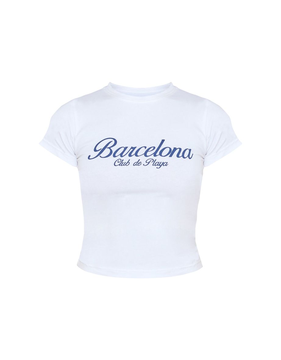 White Barcelona Printed Fitted Long T Shirt - 4