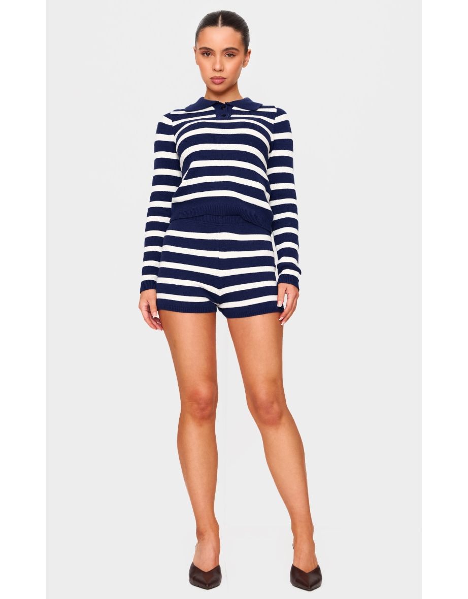 Petite Navy Knitted Stripe Collar Detail Long Sleeve Top