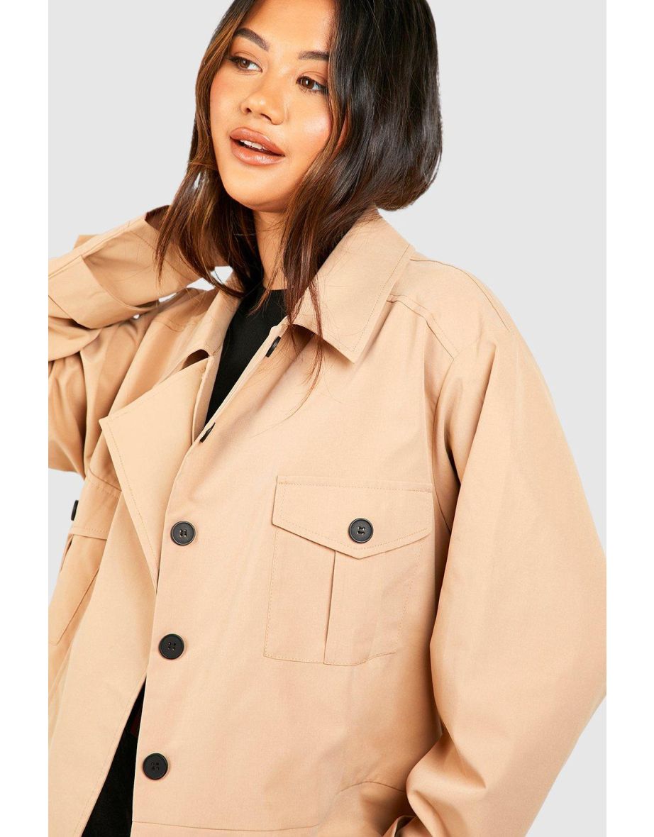 Utility Pockte Detail Crop Trench Coat - camel - 3
