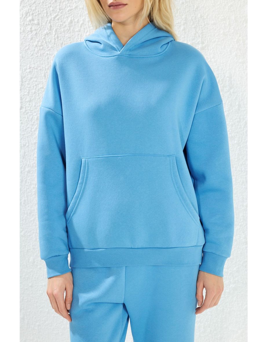 Light Blue Thick Polar Fleece Hooded Oversize/Relaxed Cut Knitted Tracksuit - 6