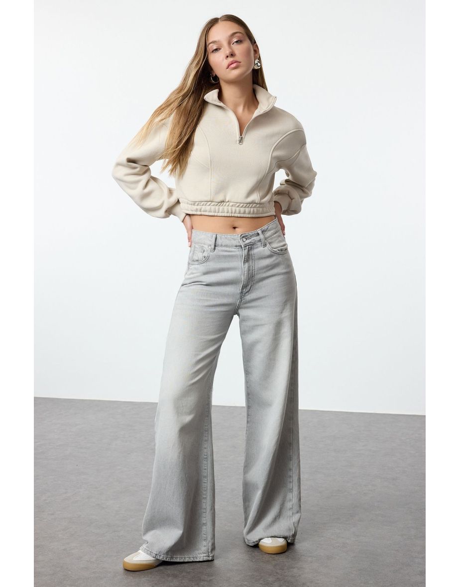 Ecru Stitching Detailed Zippered Stand-Up Collar Elastic Waist Crop Knitted Sweatshirt