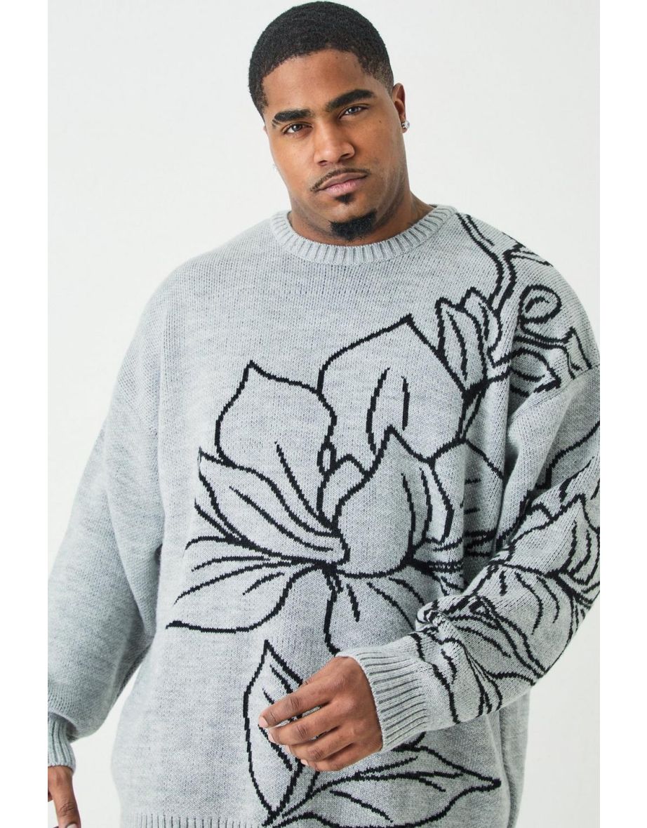 Plus Oversized Knitted Line Drawing Drop Shoulder Jumper - charcoal