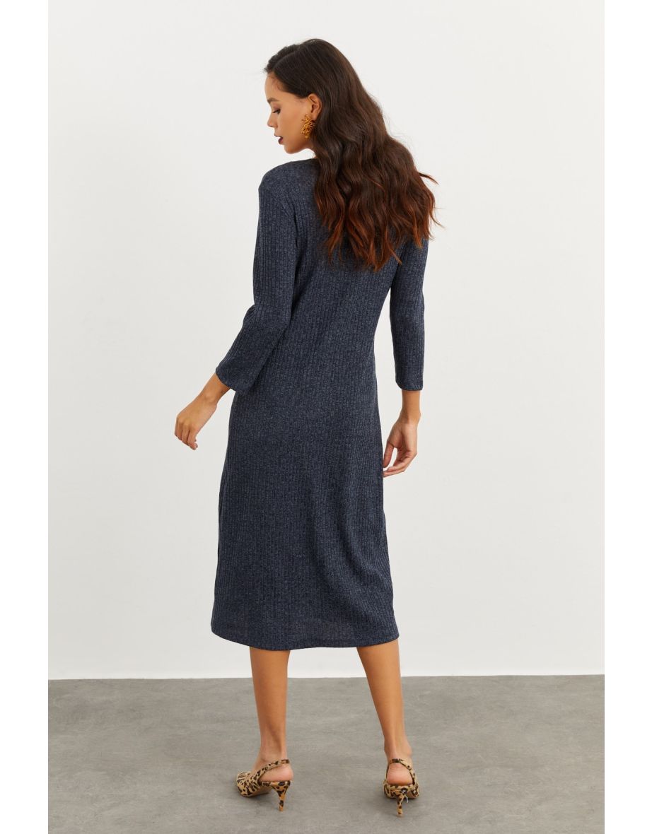 Navy Column Midi Jumper Dress with Long Sleeve - 4