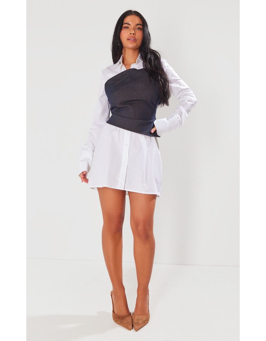 White Woven Pinstripe Corset Oversized Shirt Dress
