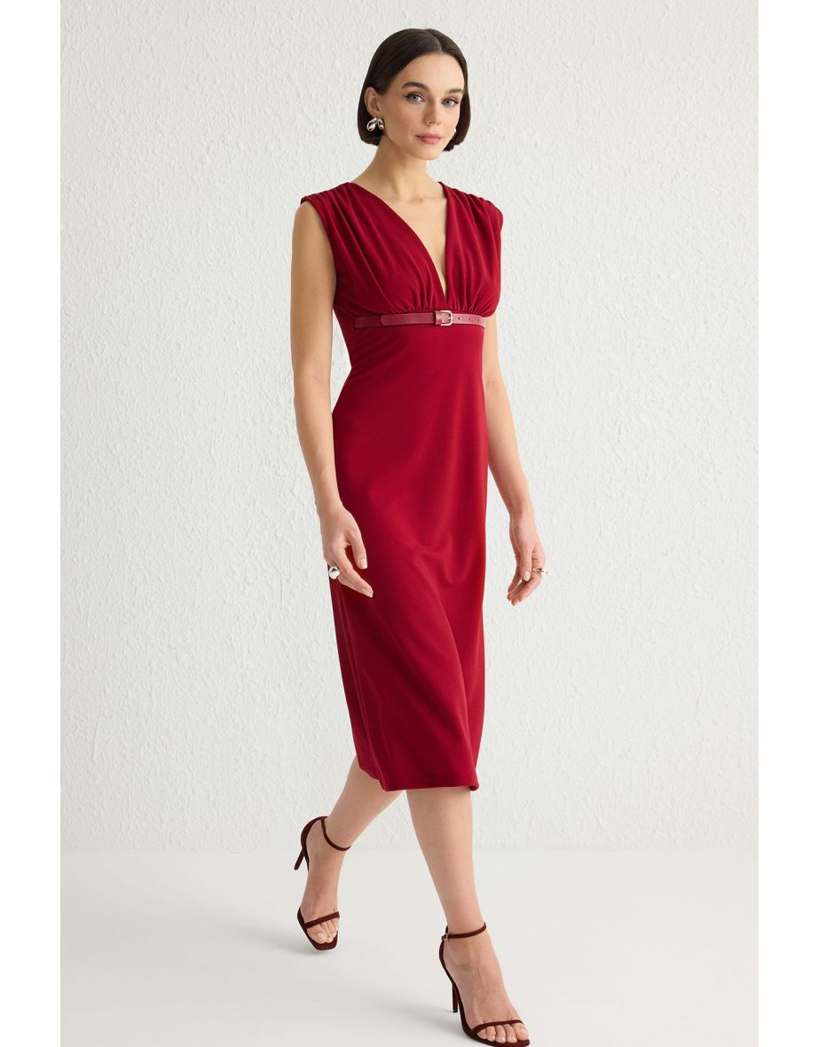 Burgundy V Neck Belted Bodycone/Fits on Body Midi Knit Dress