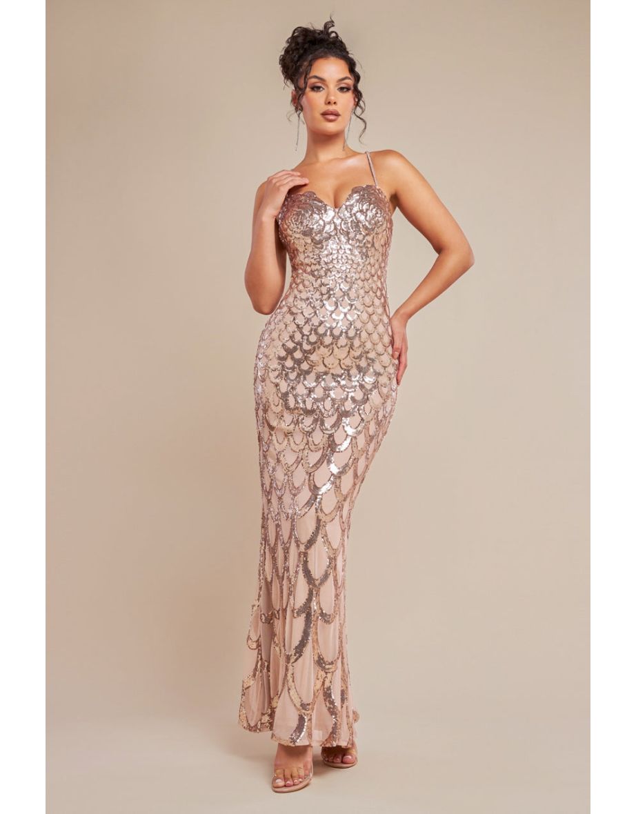 Goddiva Diamante Strap Fish Scale Sequin Maxi Dress - Champagne