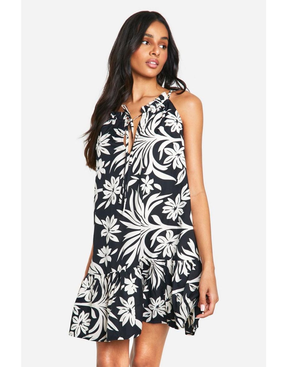 Tall Tropcial Print Strappy Mini Dress - black