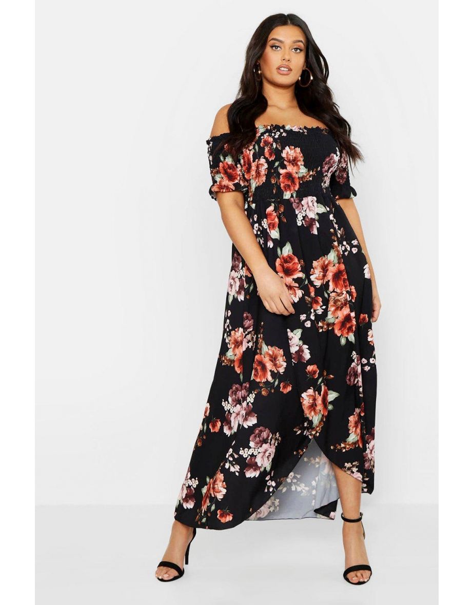 Plus Floral Off Shoulder Maxi Dress - black