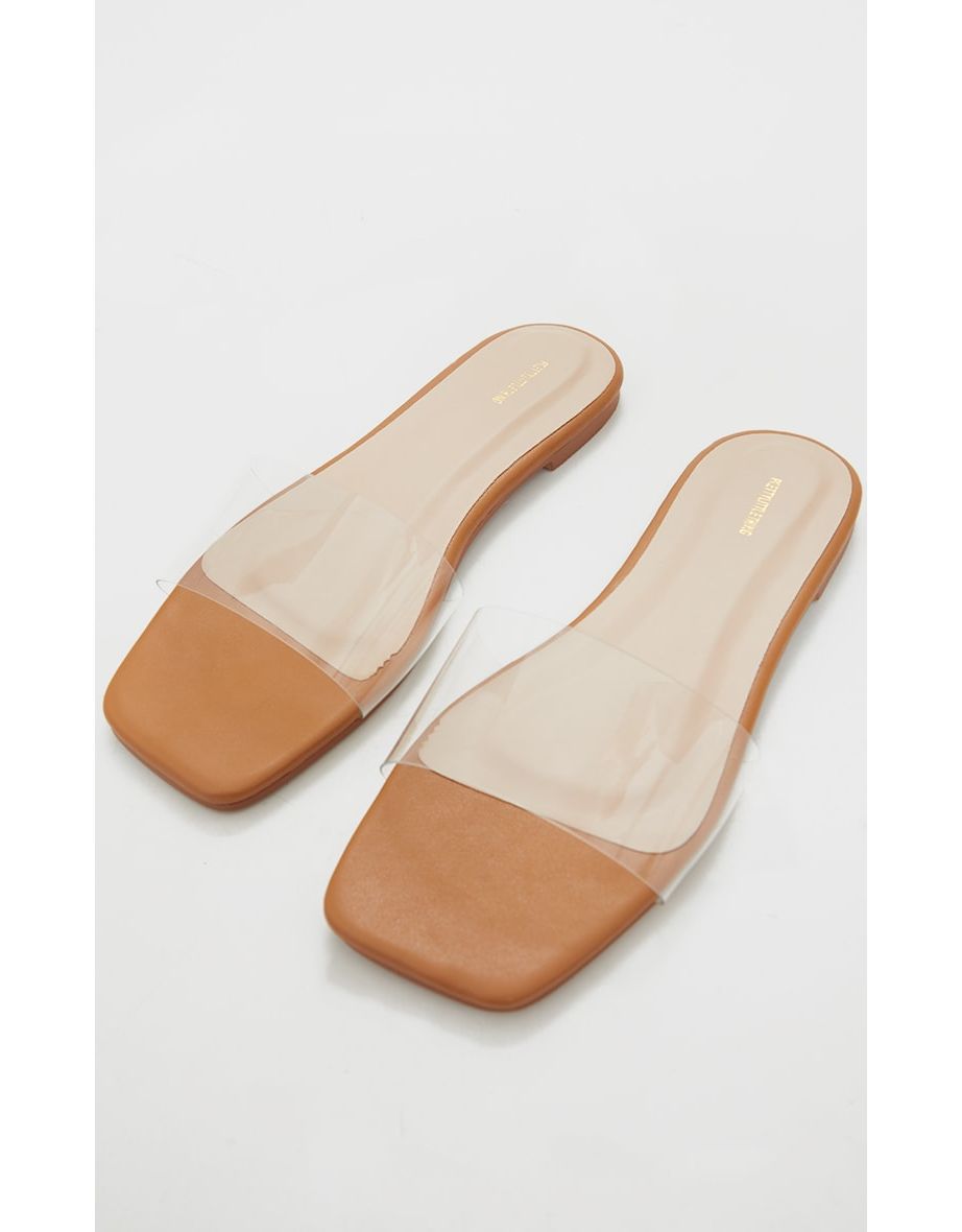 Tan WIDE FIT PU Clear Strap Mule Sandals