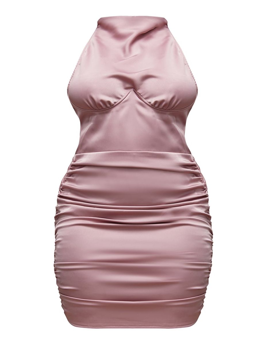 Shape Rose Satin Underbust Halteneck Ruched Bodycon Dress - 4