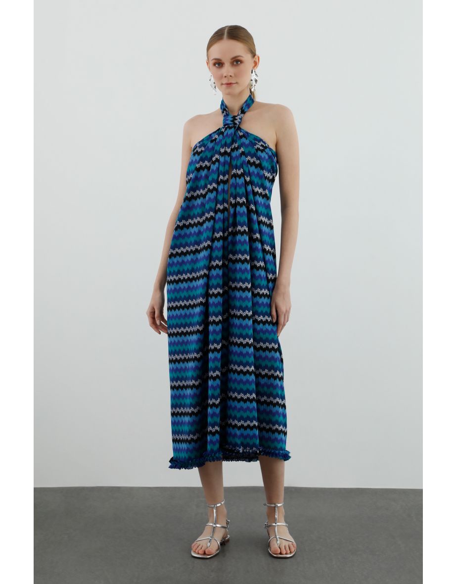 Blue Long Dress with Necktie Detail