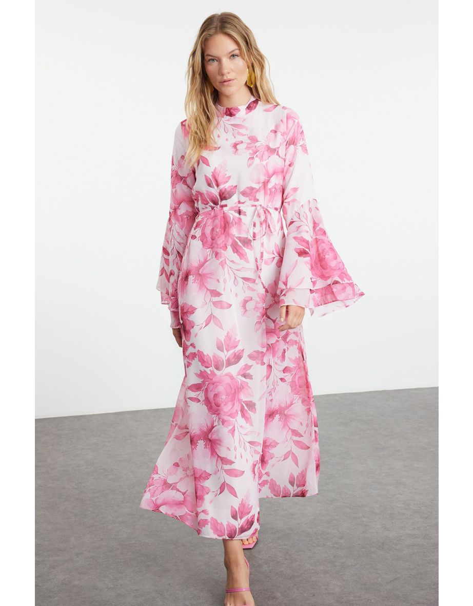Fuchsia Lined Woven Chiffon Floral Pattern Dress