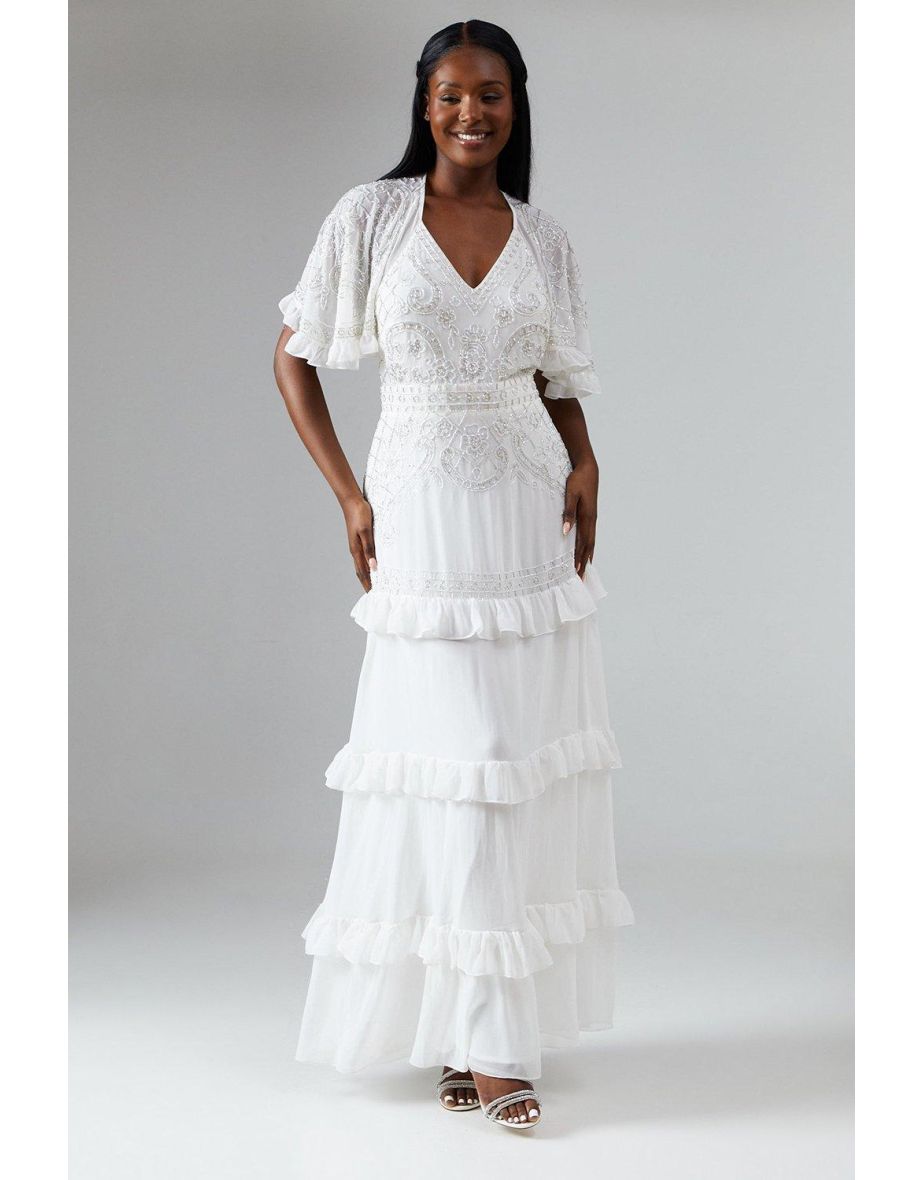 Cape Sleeve Tiered Embellished Wedding Dress