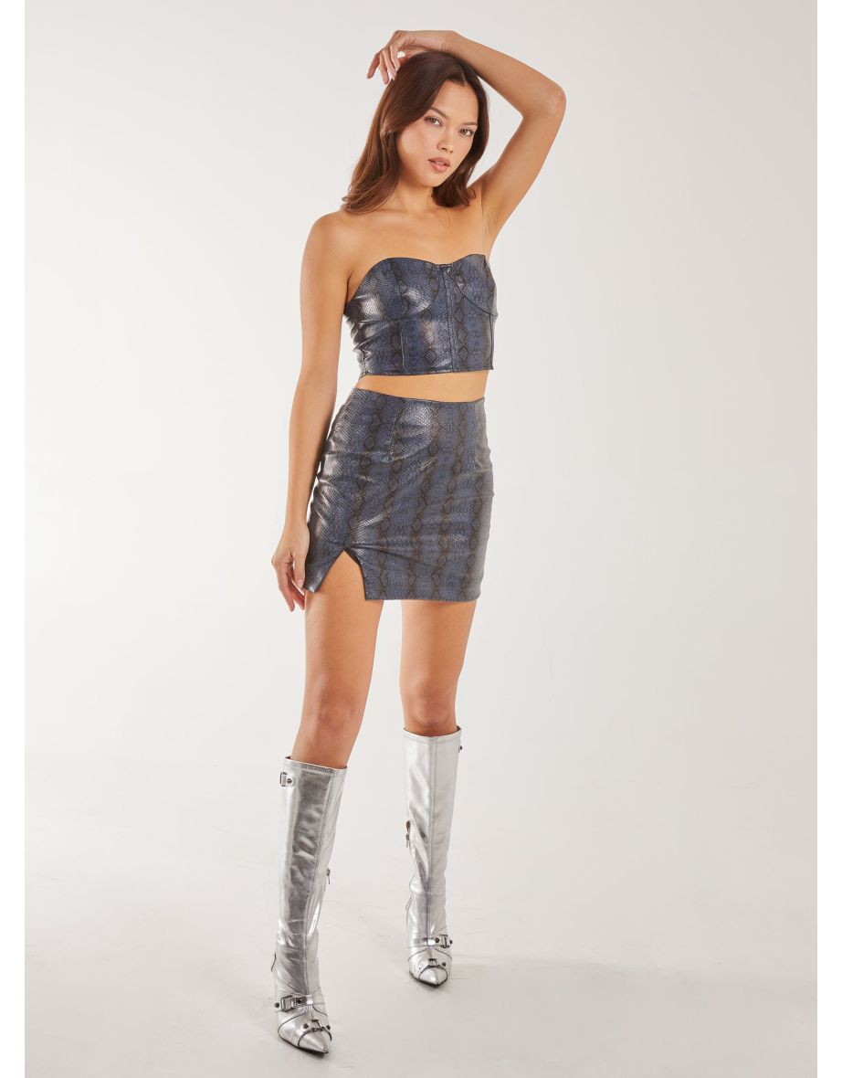 PU Snake Print Bandeau Mini Skirt With Split