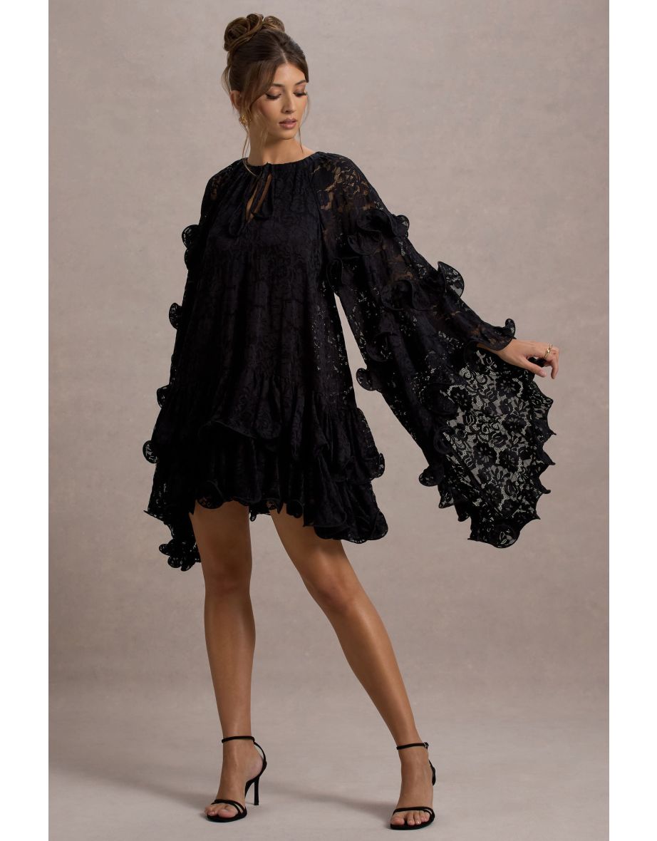 Arlington | Black Lace Cape-Sleeve Mini Dress - 5