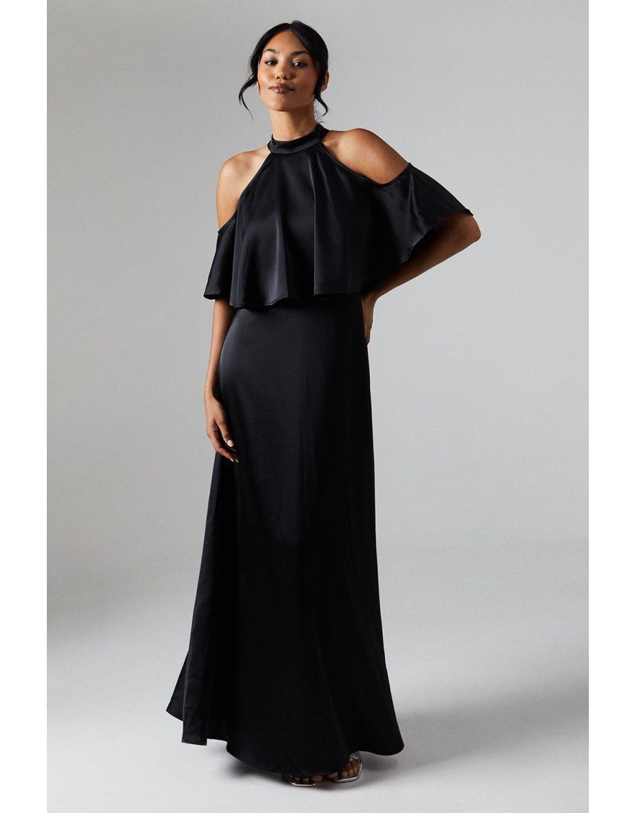 Debut London by Coast Halterneck Cold Shoulder Satin Bridesmaids Maxi Dress