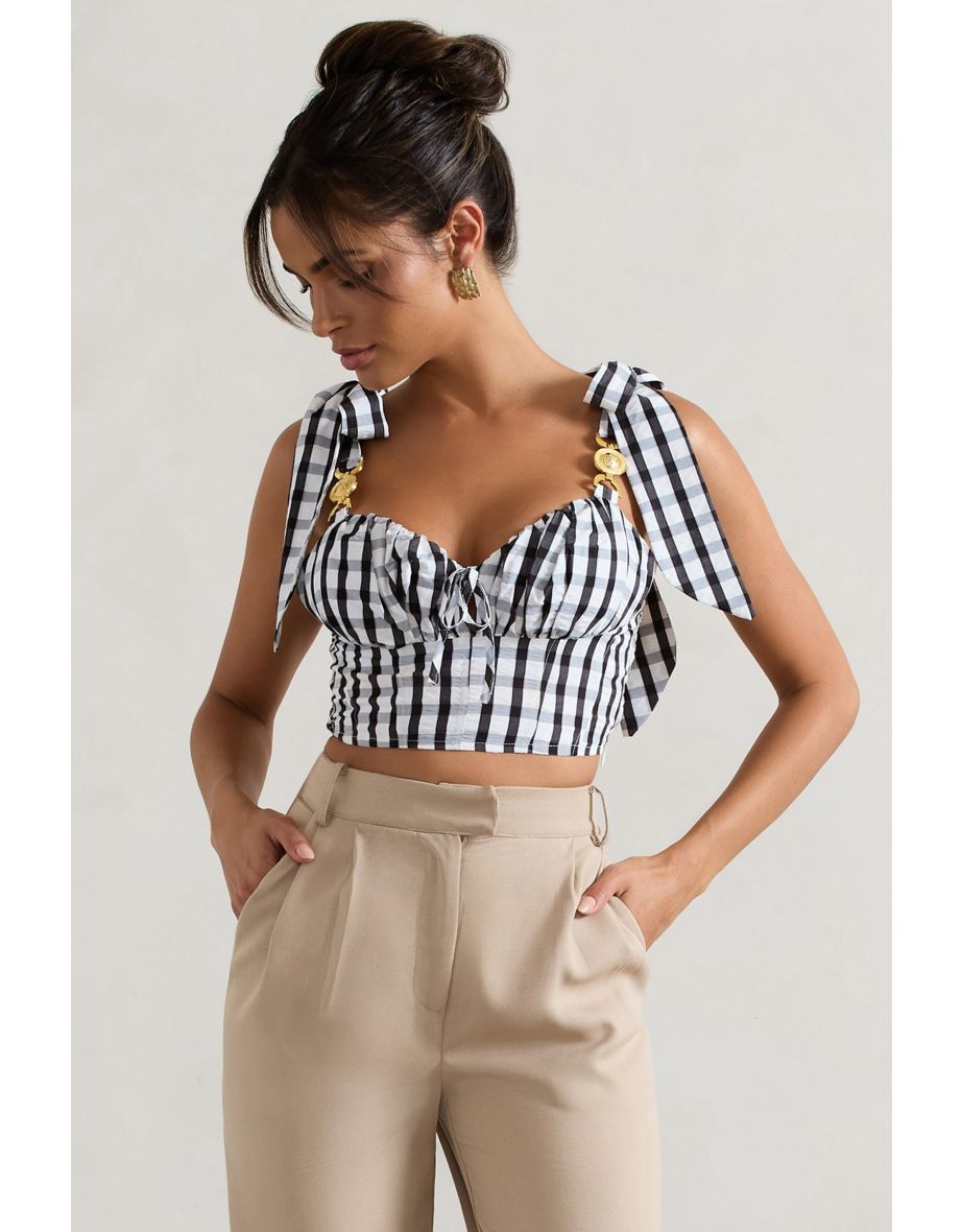 Maud | Black & White Gingham Crop Top With Tie Straps