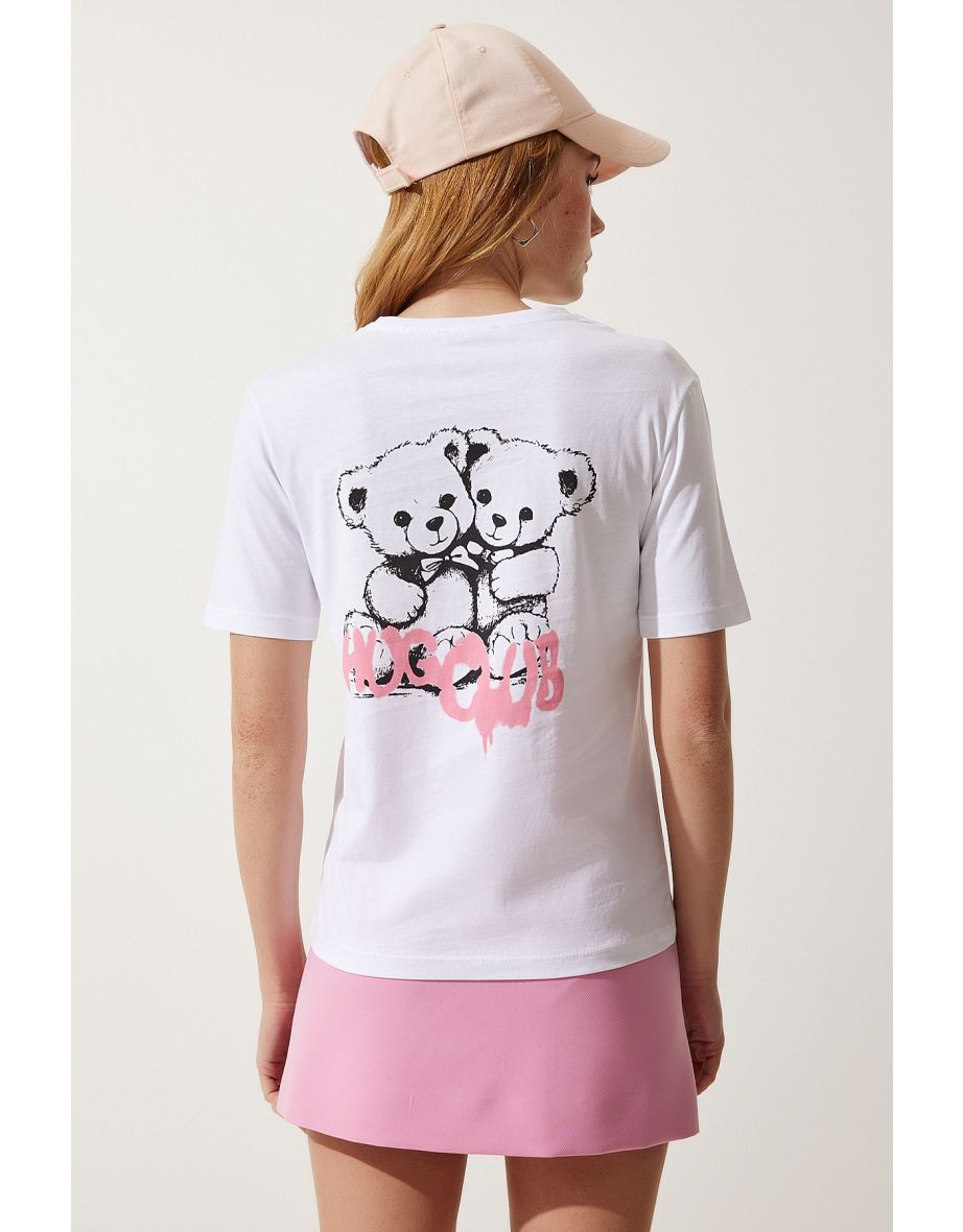Women's White Teddy Bear Print Knitted T-Shirt - 6