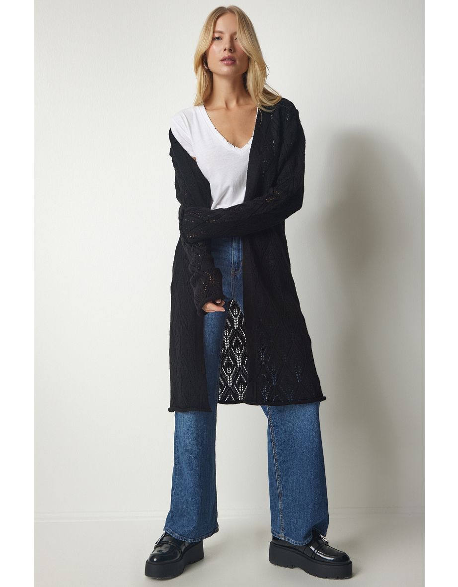 Women's Black Openwork Long Knitwear Cardigan