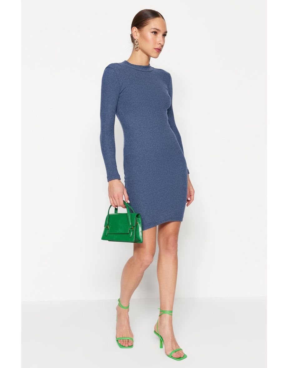 Indigo Fitted Mini Half Turtleneck Ribbed Stretch Knit Dress