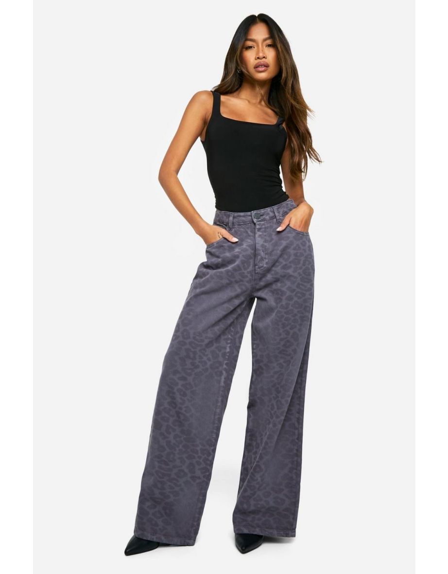 Laser Print Leopard Denim Wide Leg Jean - slate grey