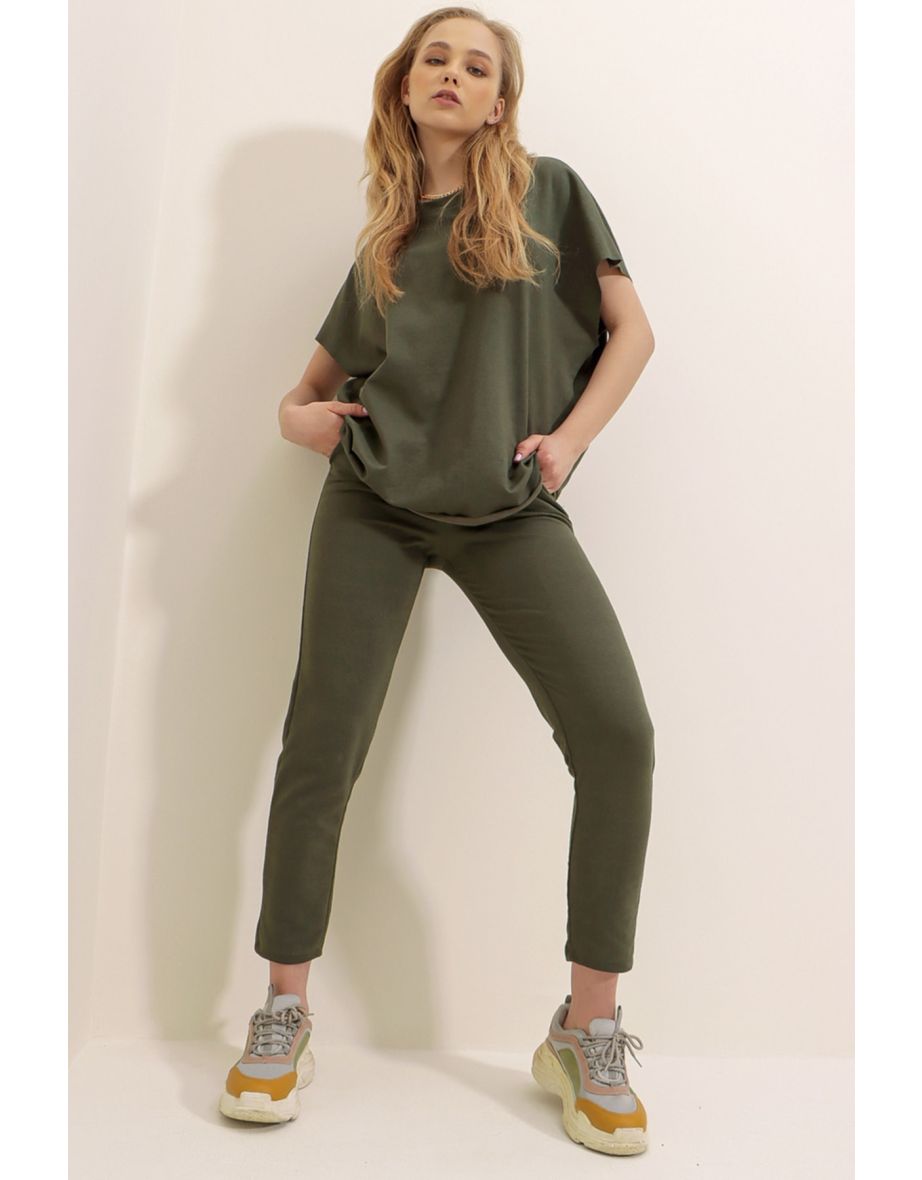 Women's Khaki Crewneck Corduroy Tracksuit Suit