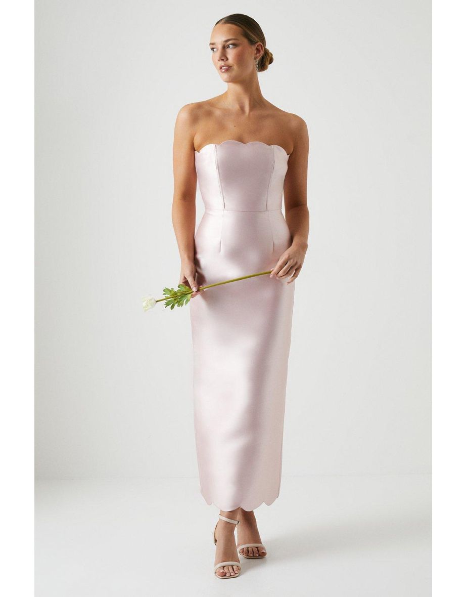 Scallop Detail Twill Column Bridesmaids Dress