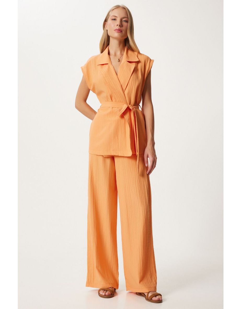 Women's Orange Belted Vest Palazzo Knitted Suit
