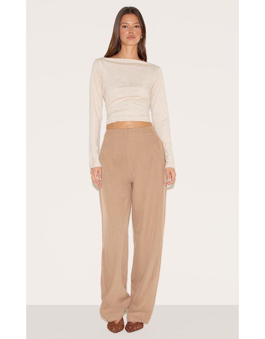 Mushroom Pintuck Waistband Zip Front Tailored Trousers
