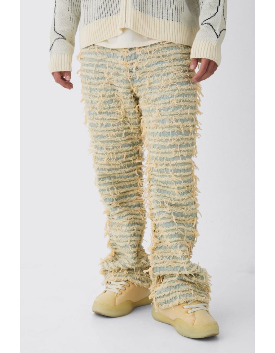 Relaxed Flare All Over Ripped Jeans - beige