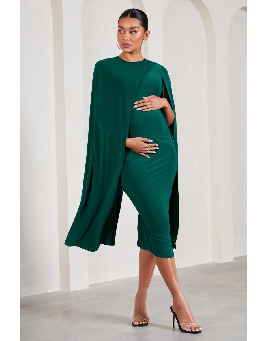 Cloud Nine | Bottle Green Maternity Midi Dress With Cape Sleeves