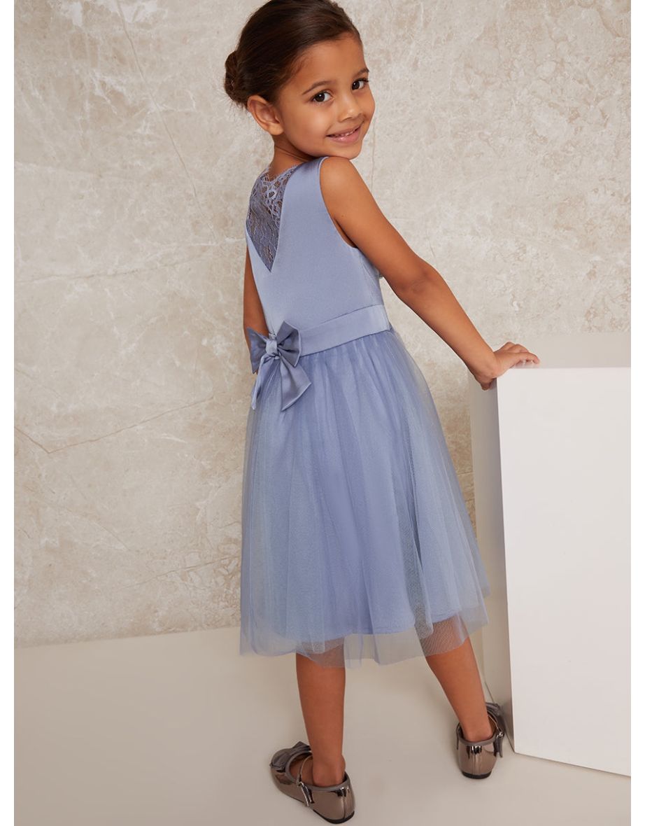 Younger Girls Satin Bodice Tulle Midi Dress In Blue - 3