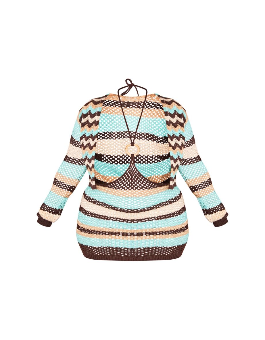 Plus Brown Crochet Stripe Long Sleeve Bodycon Dress - 4