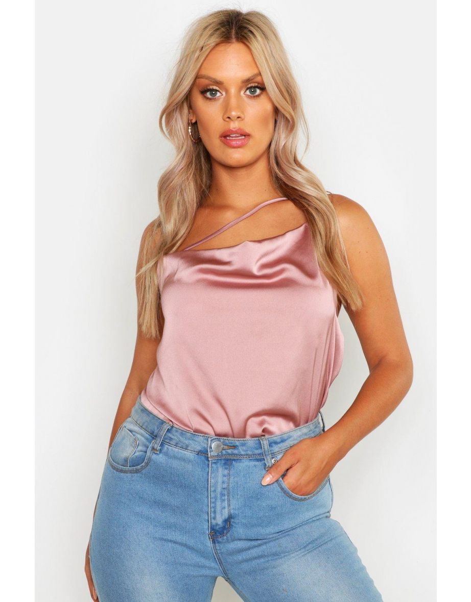 Plus Asymmetric One Shoulder Satin Cowl Cami - rust pink