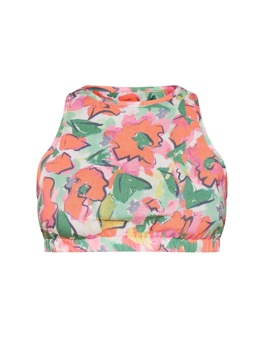 Red Floral Print Linen Look Sleeveless Crop Top - 4
