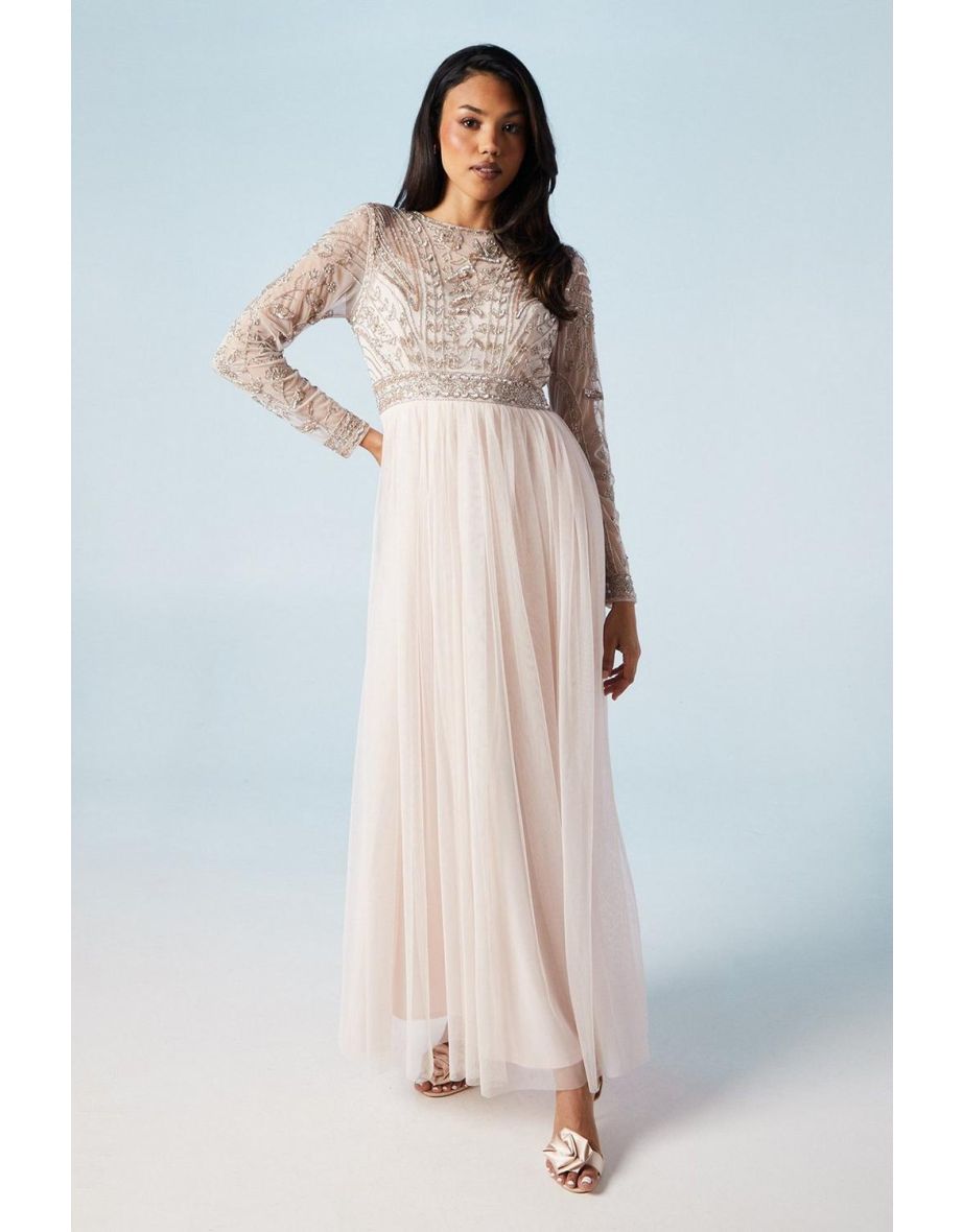 Placement Embellished Long Sleeve Tulle Skirt Bridesmaids Dress