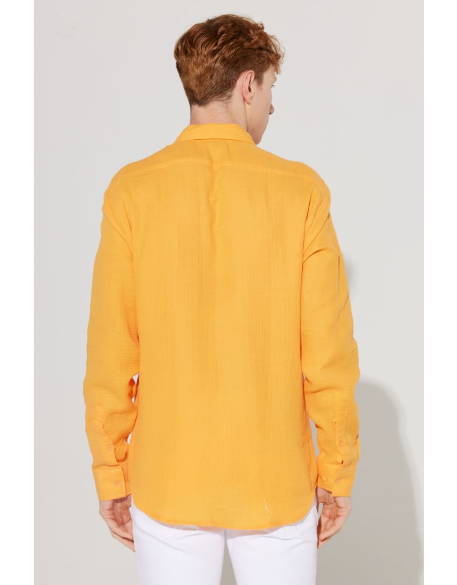 Men's Orange Comfort Fit Wide Cut Classic Collar 100% Cotton Muslin Shirt - 5