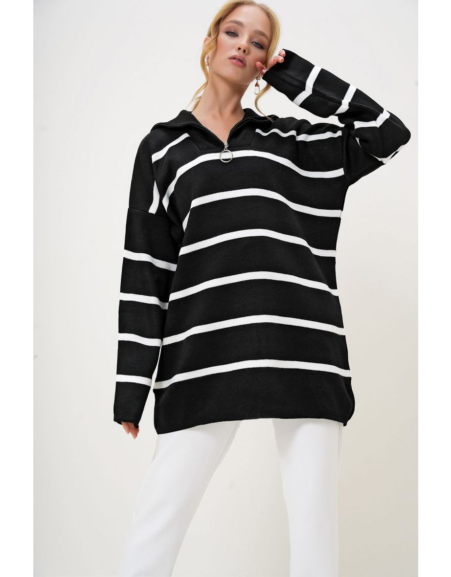 Women's Black Turtleneck Zipper Detailed Striped Knit Sweater Tunic