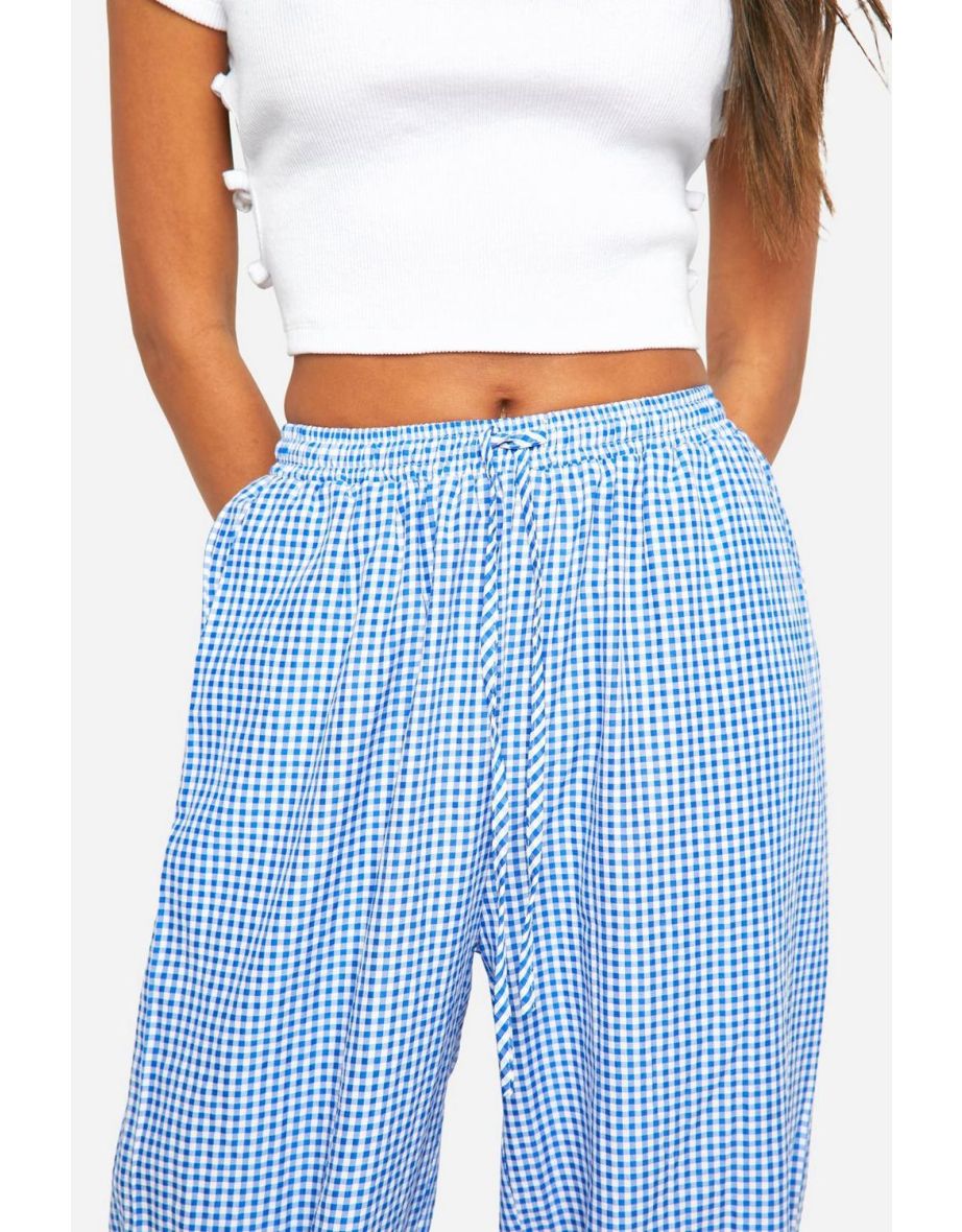Gingham Wide Leg Drawstring Trouser - blue - 3