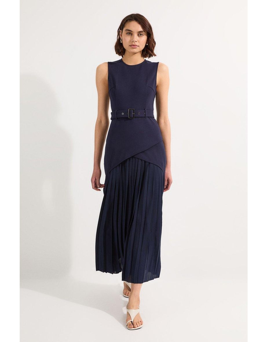 Ponte And Georgette Jersey Pleated Maxi Dress