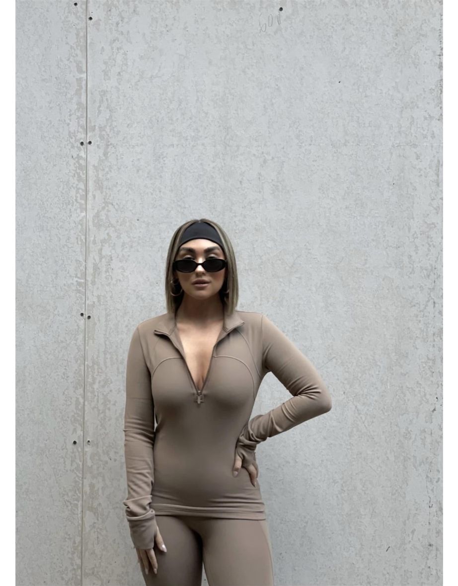 Signature Half Zip Long Sleeve Top - Cocoa
